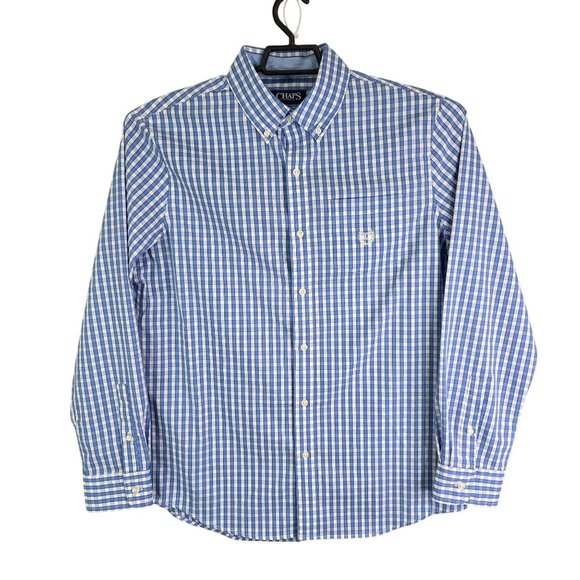 Mens Blue & White Gingham Chaps Shirt Long Sleeve Button Down Stretch Size M - Picture 1 of 9